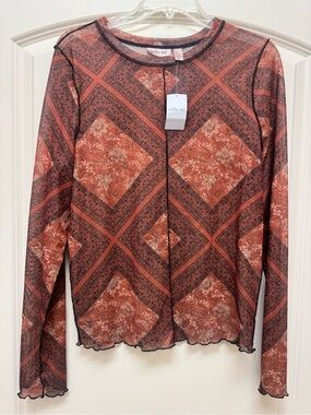 Willow Root Rust Red Floral Mesh Long Sleeve Top